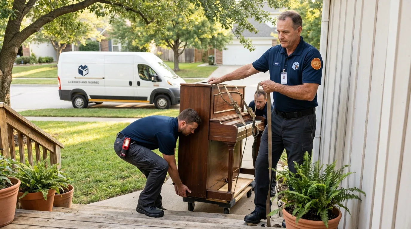 Licensed piano movers securing grand piano in Paulding, OH