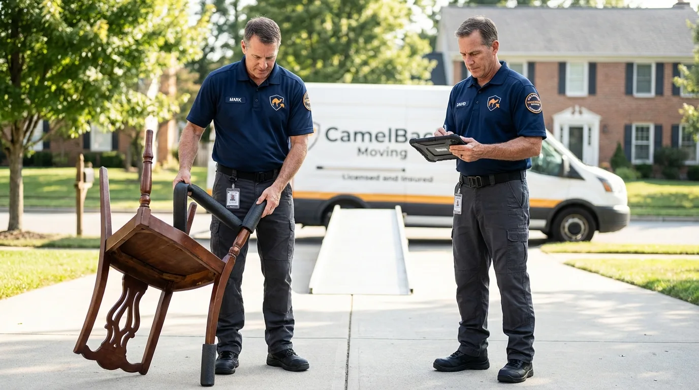 Movers inspecting furniture for damage prevention before loading in Paulding, OH